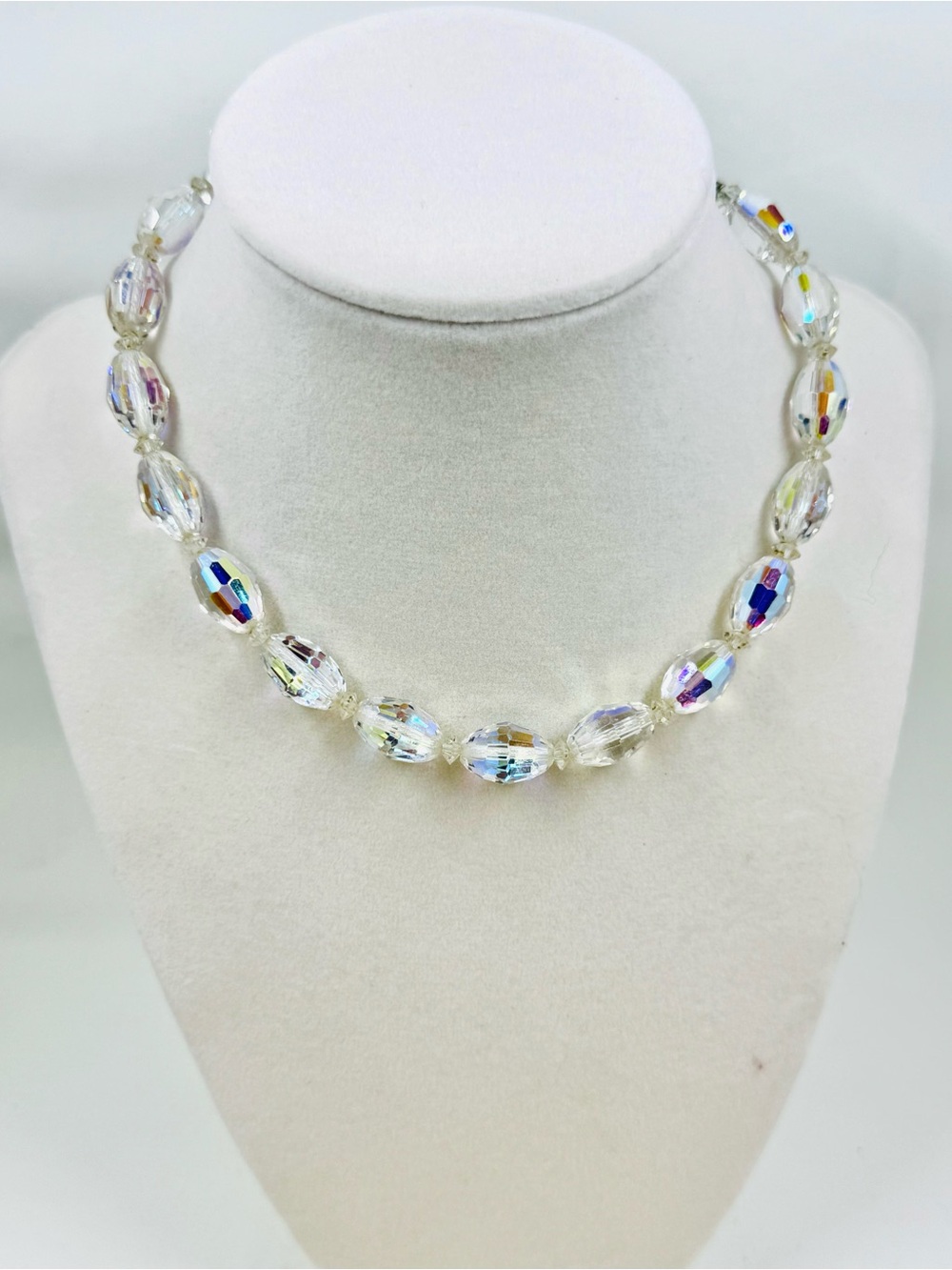 Vintage AB Crystal Aurora Faceted Beaded Necklace Choker 14-16”
